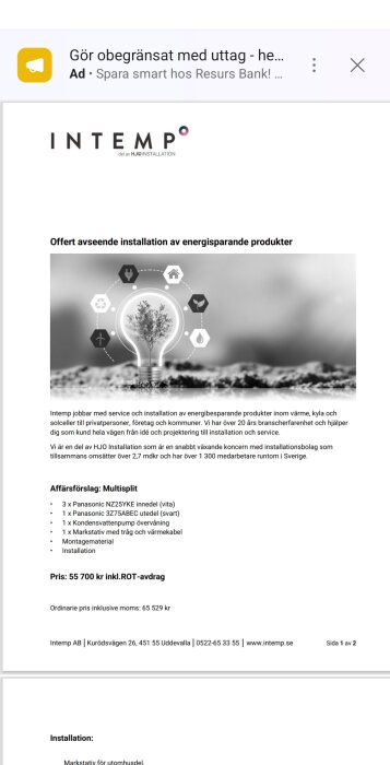 Offert från Intemp för installation av energisparande produkter, inklusive Panasonic multisplit luftvärmepump och installationsdetaljer.