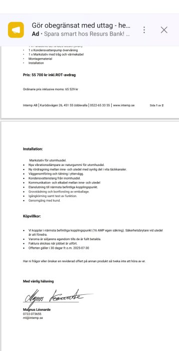 Offert från Intemp AB för Panasonic Powerheat med installationsdetaljer och köpvillkor. Priset är 55 700 kr efter ROT-avdrag.