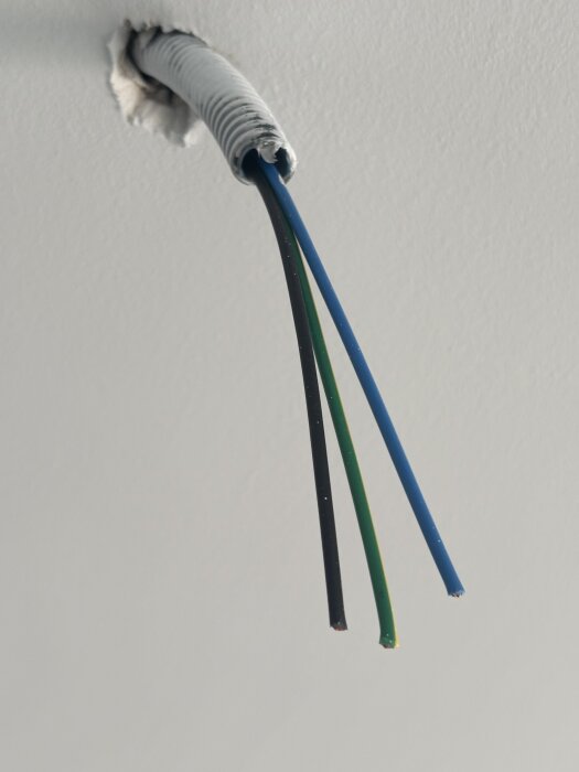 Tre elektriska kablar i svart, grön-gul och blå färg hänger ut från ett gipsat tak genom ett flexibelt rör.
