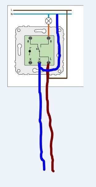 Wiring diagram showing a wall outlet where the brown and blue wires at the bottom are connected via separate X-plints, with no contact to the wires above.
