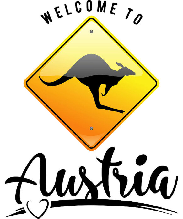 Känguru på vägskylt med texten "Welcome to Austria".