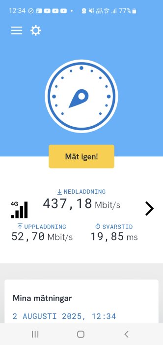 Skärmdump av ett 4G-hastighetstest med resultat: nedladdning 437,18 Mbit/s, uppladdning 52,70 Mbit/s, svarstid 19,85 ms.