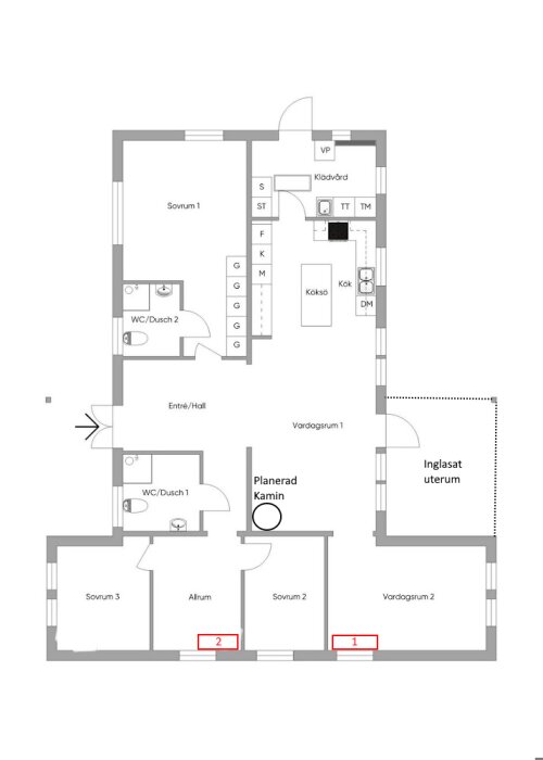 Planritning som visar potentiella platser för installation av en luft-luft värmepumps innerdel, markerade som "Plats 1" i vardagsrum och "Plats 2" i allrum.