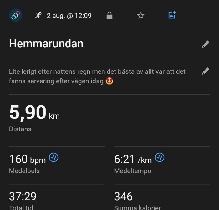 Träningspass 5,90 km den 2 augusti klockan 12:09; medelpuls 160 bpm, medeltempo 6:21 per km, tid 37:29, kalorier 346; kommentarer om lerigt väder och servering.