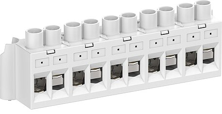 Vit radplint för kabelanslutning med flera ingångar och utgångar, används för att organisera elektriska kopplingar i trånga utrymmen.