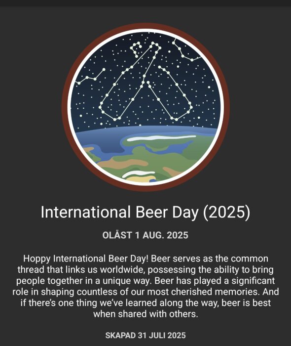 Illustration av två flaskkonturer som bildar ett stjärntecken över jorden, med texten 'International Beer Day (2025)'.