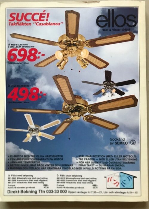 Postorderkatalog från Ellos 1990-91 med takfläktmodeller och priser, inkluderar en svart modell som använts av tidigare kund.