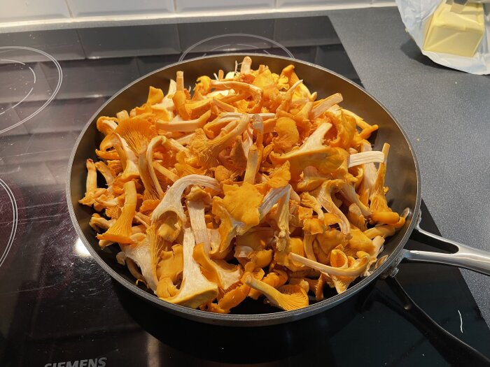 Kantareller i en stekpanna på en spishäll, redo att tillagas för en roslagsmacka sensommar-style.