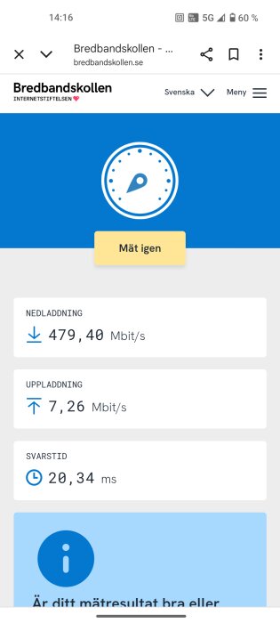 Internet speed test result from Bredbandskollen showing 479.40 Mbit/s download, 7.26 Mbit/s upload, and 20.34 ms ping.