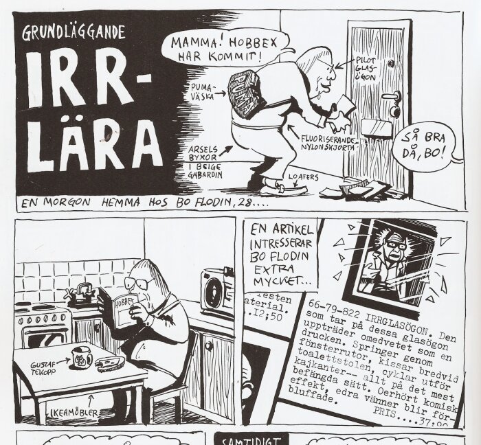 En serieteckning med titeln "IRR-LÄRA" där en man mottar ett paket och läser en katalog hemma.