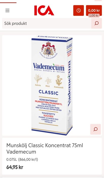 Munstskölj Vademecum Classic 75ml finns tillgänglig på Ica, med örter som salvia, mint och kamomill för frisk munvård.
