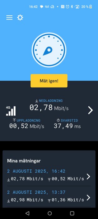 Mätresultat för mobilt bredband 4G: nedladdning 2,78 Mbit/s, uppladdning 0,52 Mbit/s, svarstid 37,49 ms, mätningar från 2025.