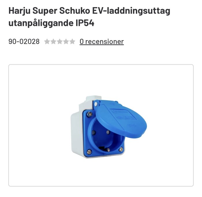 EV-laddningsuttag, Harju Super Schuko, blått med vit bas, IP54-klassat.