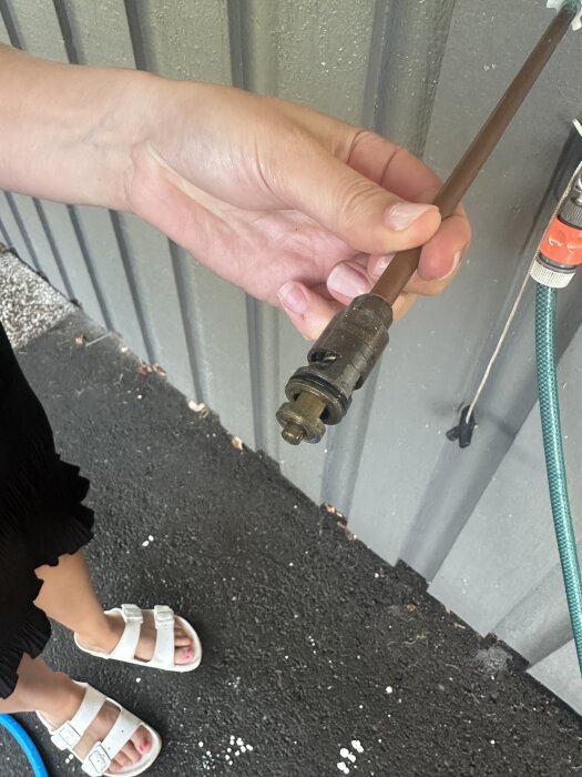 Hand håller i ett borttaget, frostsäkert vattenutkast vid en vägg, med en trädgårdsslang i närheten.