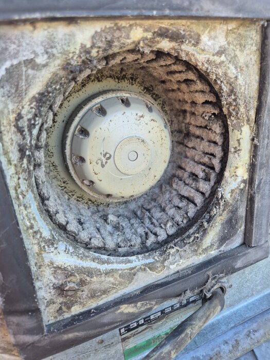 En smutsig ventilationsfläkt före rengöring, med damm och smuts täckande bladen och ramen, från ett tak.