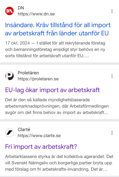Tre sökresultat om import av arbetskraft från DN, Proletären och Clarté.