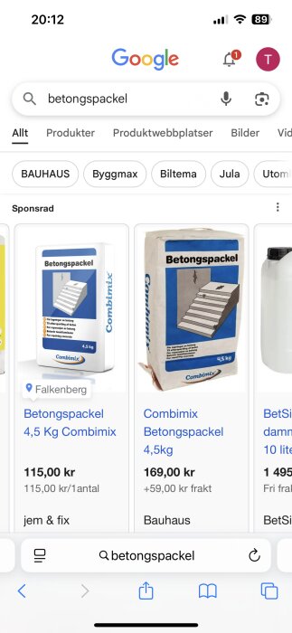 Sökresultat på Google för "betongspackel", visar produkter från Bauhaus och jem & fix, inklusive Combimix Betongspackel 4,5kg.