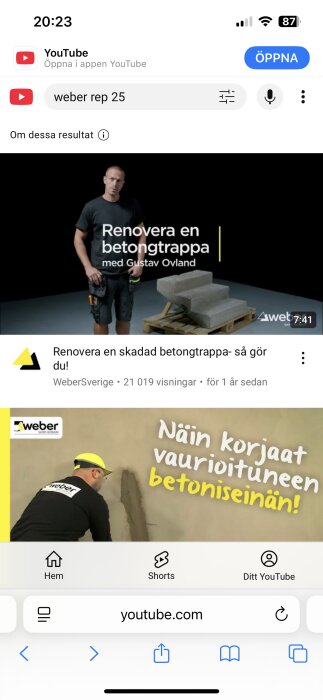 Video med titeln "Renovera en betongtrappa" visas på skärm, inkluderar en man och en betongtrappas modell.