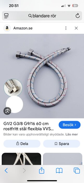 Fleksibla VVS-slangar i rostfritt stål med kopplingar för blandare, G1/2 och G3/8 anslutningar, 60 cm långa.