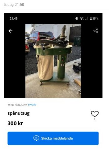 Spånsug till salu för 300 kr, placerad på golvet i en verkstadsmiljö med bilar i bakgrunden.