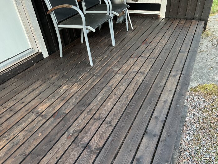 Träveranda med två stolar placerade nära en vägg, bredvid grus och gräs.