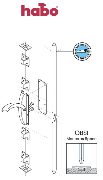 Montageanvisning för Habo garageportregel med delvis isärplockad vy, visar lås och skruvpositioner, med instruktioner för korrekt montering.