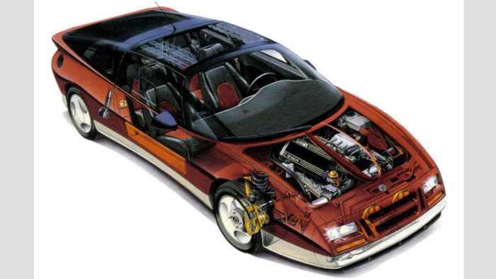 Saabs konceptbil från 1985 med exponerad motor och inredning, diskuterad för funktioner som parkeringsventilation.