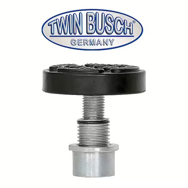 Lyftfot från Twin Busch med märkning "Germany". Svart och metallisk del med justerbar skruv för höjdinställning på lyftar.