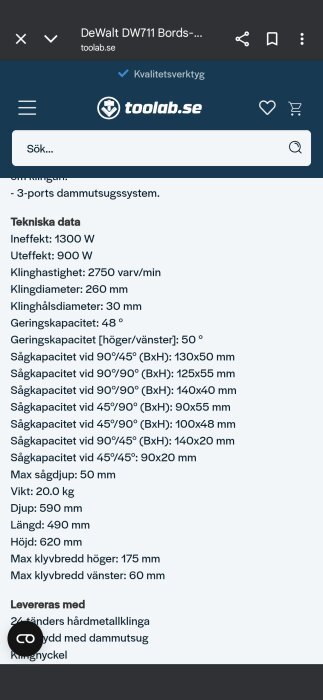Specifikationer för DeWalt DW711 bordsåg med tekniska data såsom ineffekt, geringskapacitet och sågkapacitet från toolab.se.
