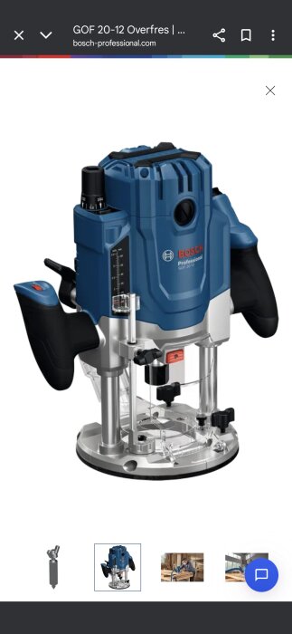 Bosch GOF 20-12 fräs med blått skal, ergonomiska handtag och justerbara inställningar för precision.