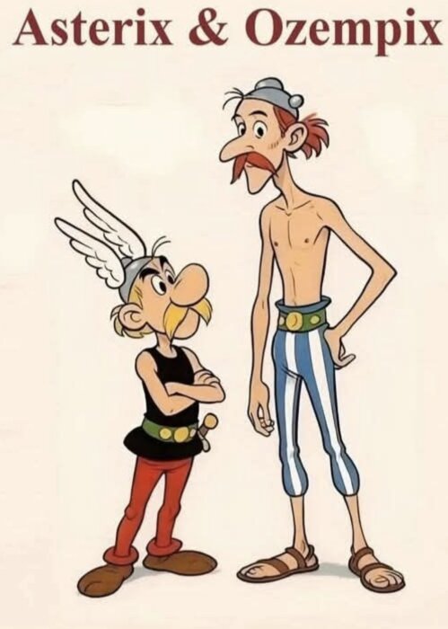 Två tecknade karaktärer, en liten med hjälm och vingar, den andra lång och smal i randiga byxor. Texten ovan lyder "Asterix & Ozempix".