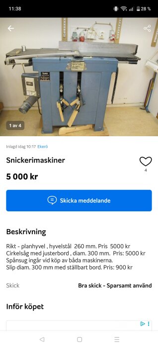 Blå snickerimaskin med justerbord, hyvel och spånsugsanslutning i garageverkstadsmiljö. Säljes för 5 000 kr.