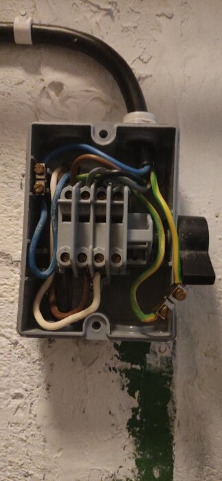 Elektrisk kopplingsdosa med flera ledningar i olika färger anslutna, monterad på en vägg.