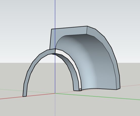 3D-modell skapad i SketchUp som visar två välvda strukturer eller former, där en verkar vara en båge och den andra en del av en tunnelliknande form.