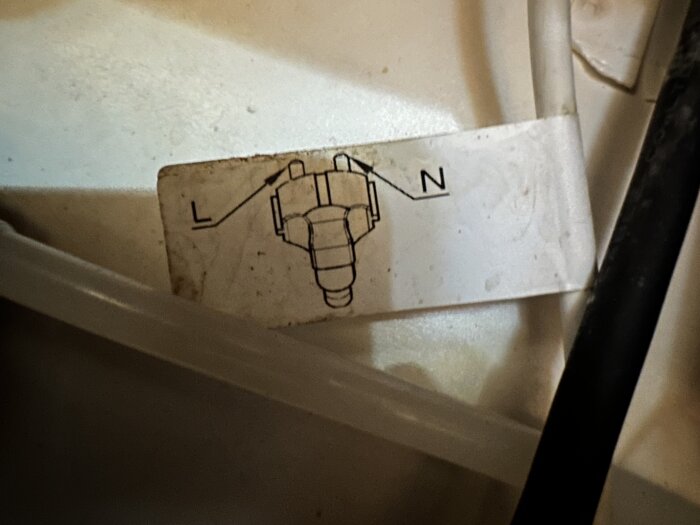 Etikett på diskmaskinens sladd visar en blyerts och markeringar för "L" och "N", symboliserar fas- och nollkoppling.