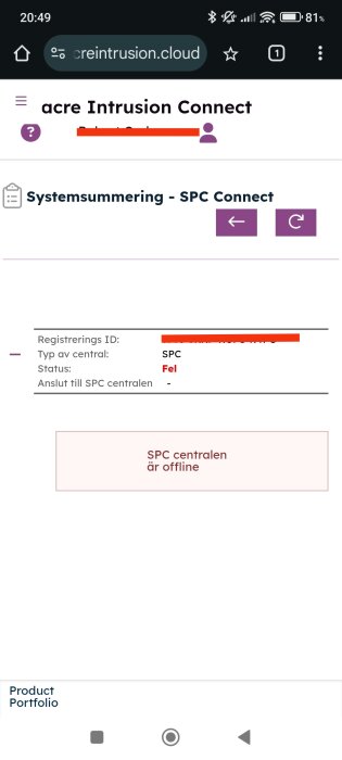 Skärmbild av systemstatus i SPC Connect som visar "Fel" och att centralen är offline, med rubriken "Systemsummering - SPC Connect".