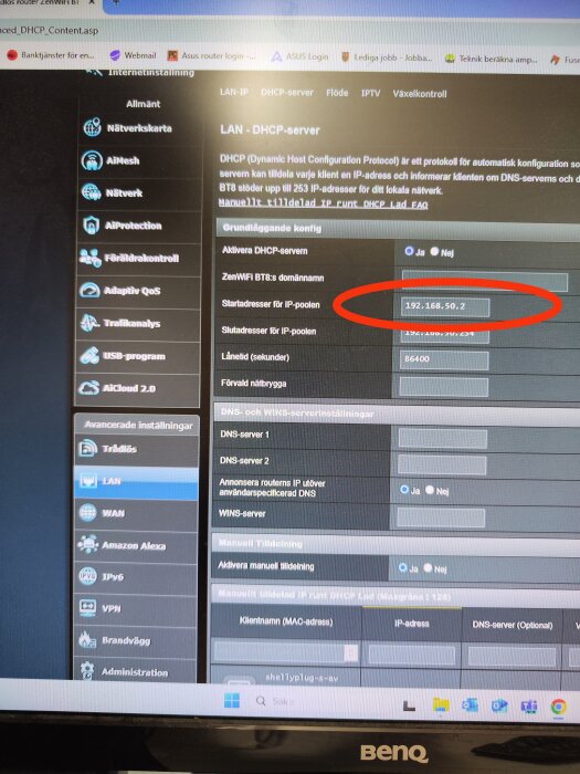 Skärmdump av en routers DHCP-serverinställningar med IP-startadress markerad som 192.168.50.2.