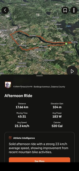 Karta över cykeltur i Borlänge, 17.66 km, 104 m stigning. Tid: 45:31, medelhastighet: 23.3 km/h, genomsnittlig effekt: 183 W, kalorier brända: 520 kal.