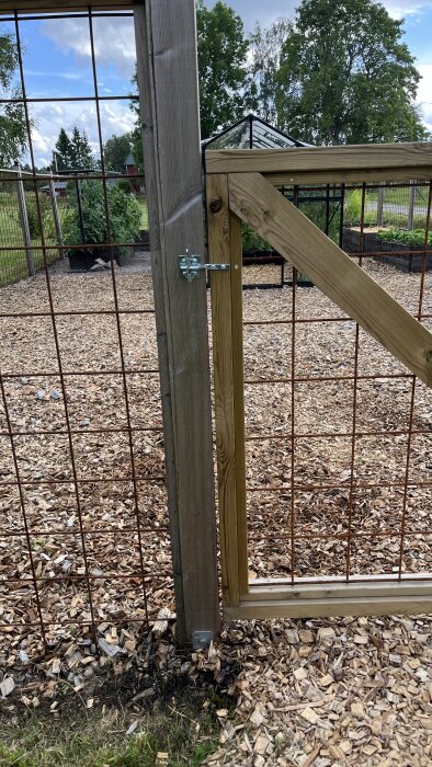 Trägrind med metallstaket, barkbeläggning, och växthus i bakgrunden på en trädgård.