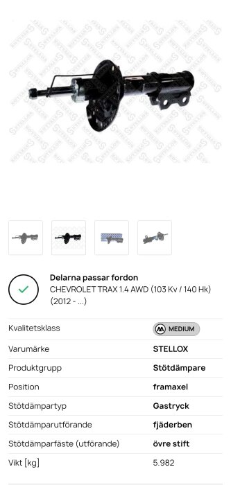 Stötdämpare för Chevrolet Trax, Stellox-märke, lämplig för framaxel. Bild visar en svart stötdämpare av fjäderbensutförande med gastyrkkontroll.