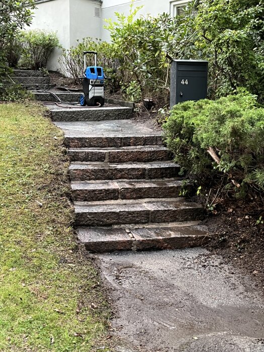 Stentrappa i trädgård som nyligen rengjorts med högtryckstvätt, omgiven av buskar och gräs. Tvätten står på ett av de övre stegen.