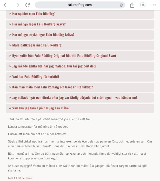 FAQ-översikt med frågor om Falu Rödfärg, inklusive blandning, strykningar, torktid och målningsförhållanden, på falurodfarg.com.