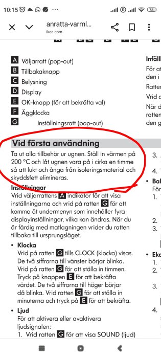 Manualsida från IKEA med instruktioner för första användning av ugn, inkl. inställningar och tips om att värma ugnen till 200 °C.