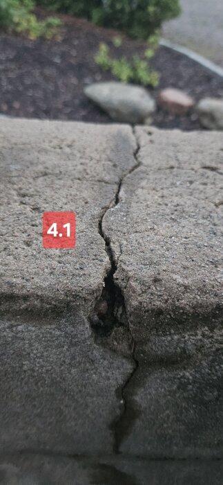 Spricka i betongvägg, markerad som 4.1, visar en djup spricka i lecablock, med vegetation i bakgrunden.