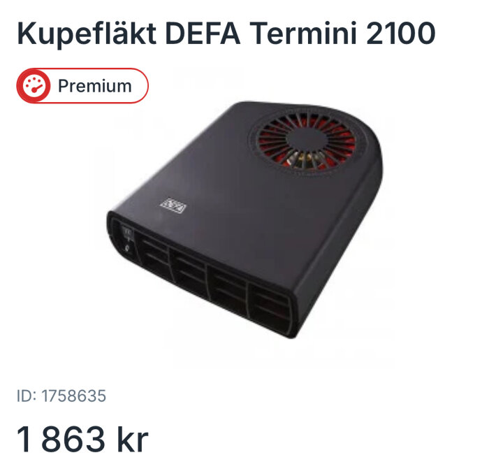 Kupefläkt DEFA Termini 2100, svart, 2,1 kW, med ventilationsgaller och fläkt på ovansidan. Pris 1863 kr. ID: 1758635.