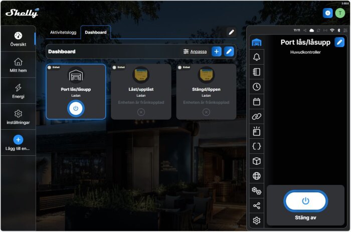 Shelly-appens dashboard visar kontroller för portlåsning, låst/upplåst status och stängd/öppen status med en knapp för att stänga av.