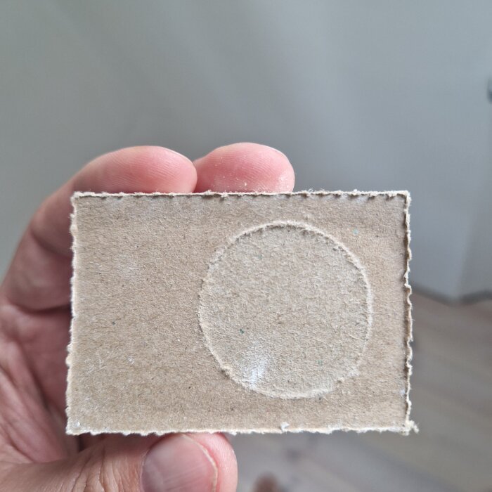Närbild på ett prov av gipsskivan från sovrumsväggen, visar ytskiktet och en cirkulär markering utan mögelskador.
