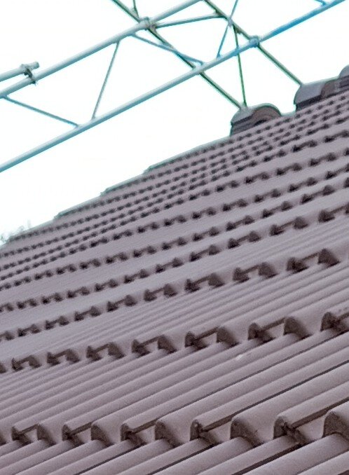 Nyrenoverat tak med tegelpannor och byggnadsställning synlig i bakgrunden, resultat av sommarens takläggningsprojekt.