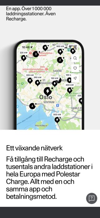 Mobilappskärm som visar en karta över Oslo med laddningsstationer markerade. Text ovan beskriver appens laddningsnätverk och tillgång i Europa.