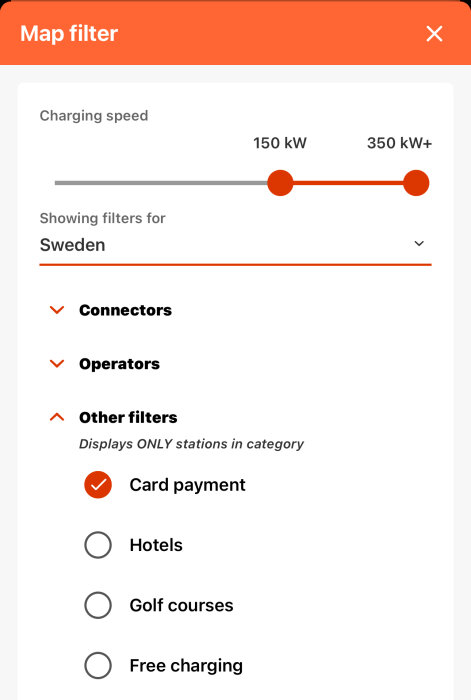 Filterinställningar i Chargefinder med "Kortbetalning" valt under "Övriga filter" i Sverige.